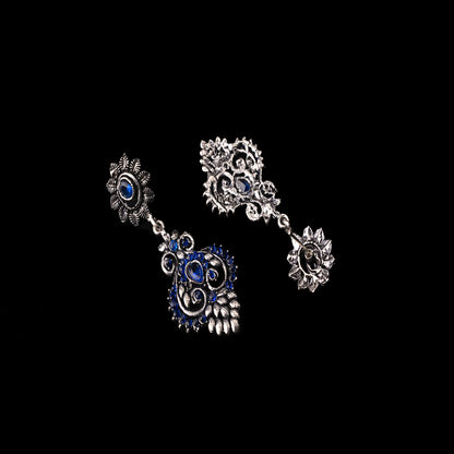 Blue Stone Studded Statement Oxidised Earrings