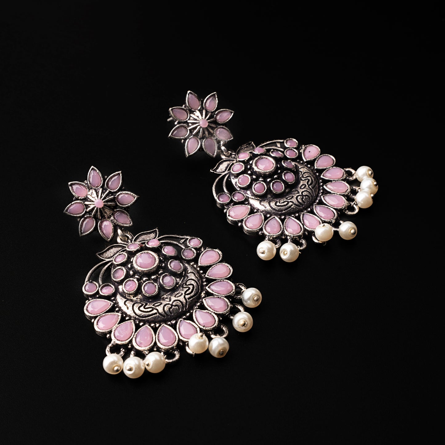 Baby Pink Stone Studded Statement Oxidised Earrings With Hanging Pearls