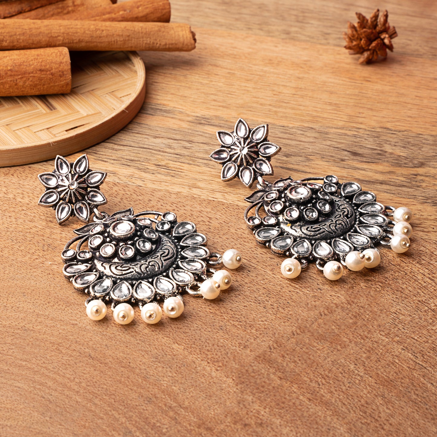 White Stone Studded Statement Oxidised Earrings With Hanging Pearls