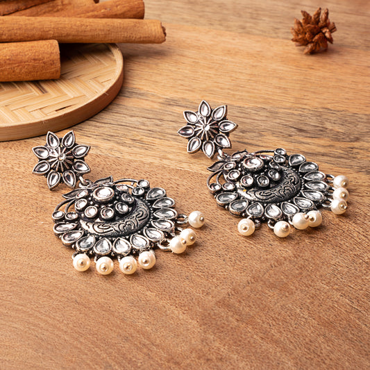 White Stone Studded Statement Oxidised Earrings With Hanging Pearls