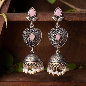 Baby Pink Stone Studded Danglers With Hanging Jhumka