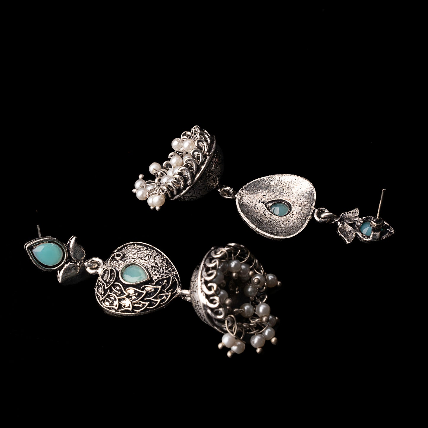 Mint Stone Studded Danglers With Hanging Jhumka