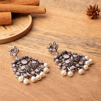 Baby Pink Stone Studded Danglers With Hanging Pearls