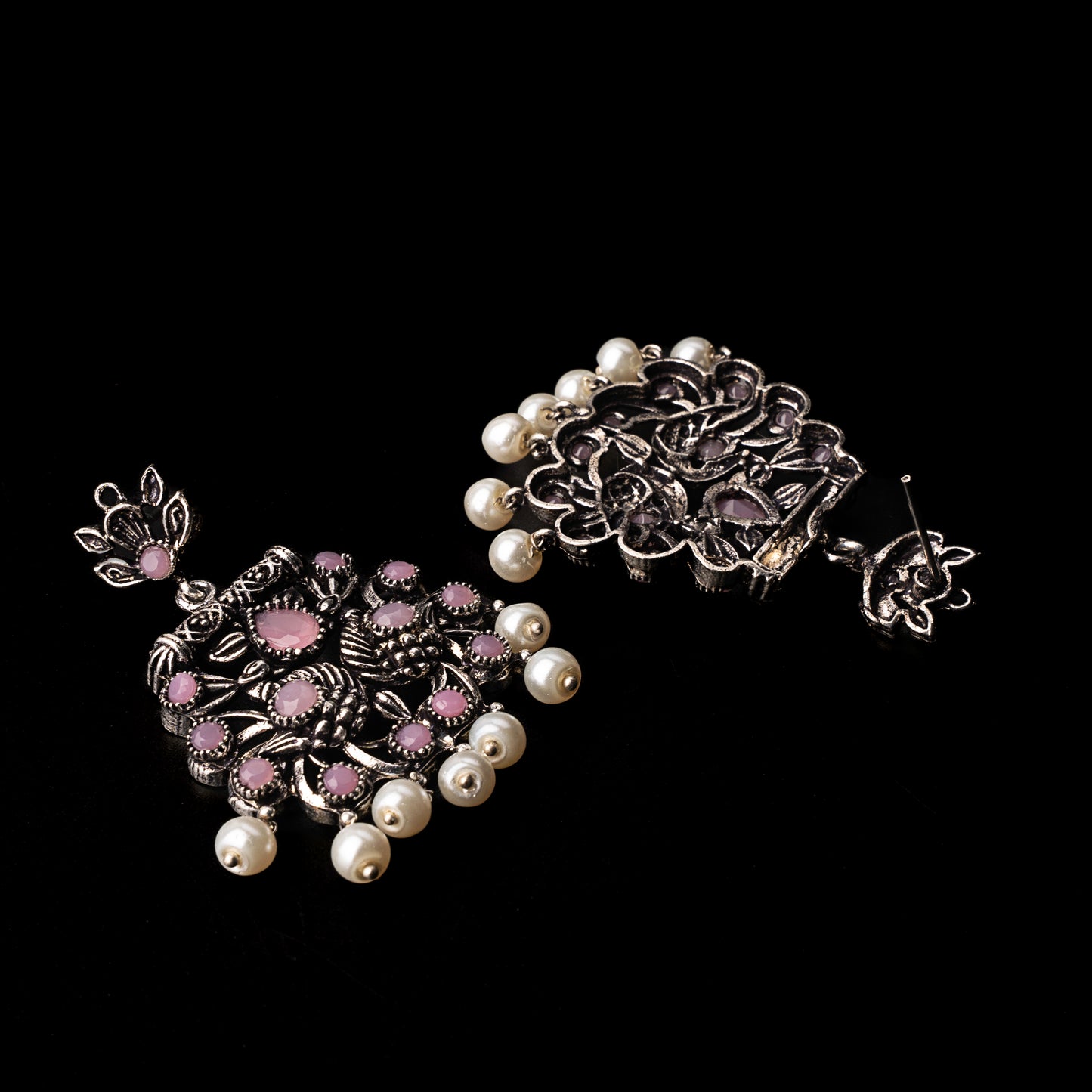 Baby Pink Stone Studded Danglers With Hanging Pearls