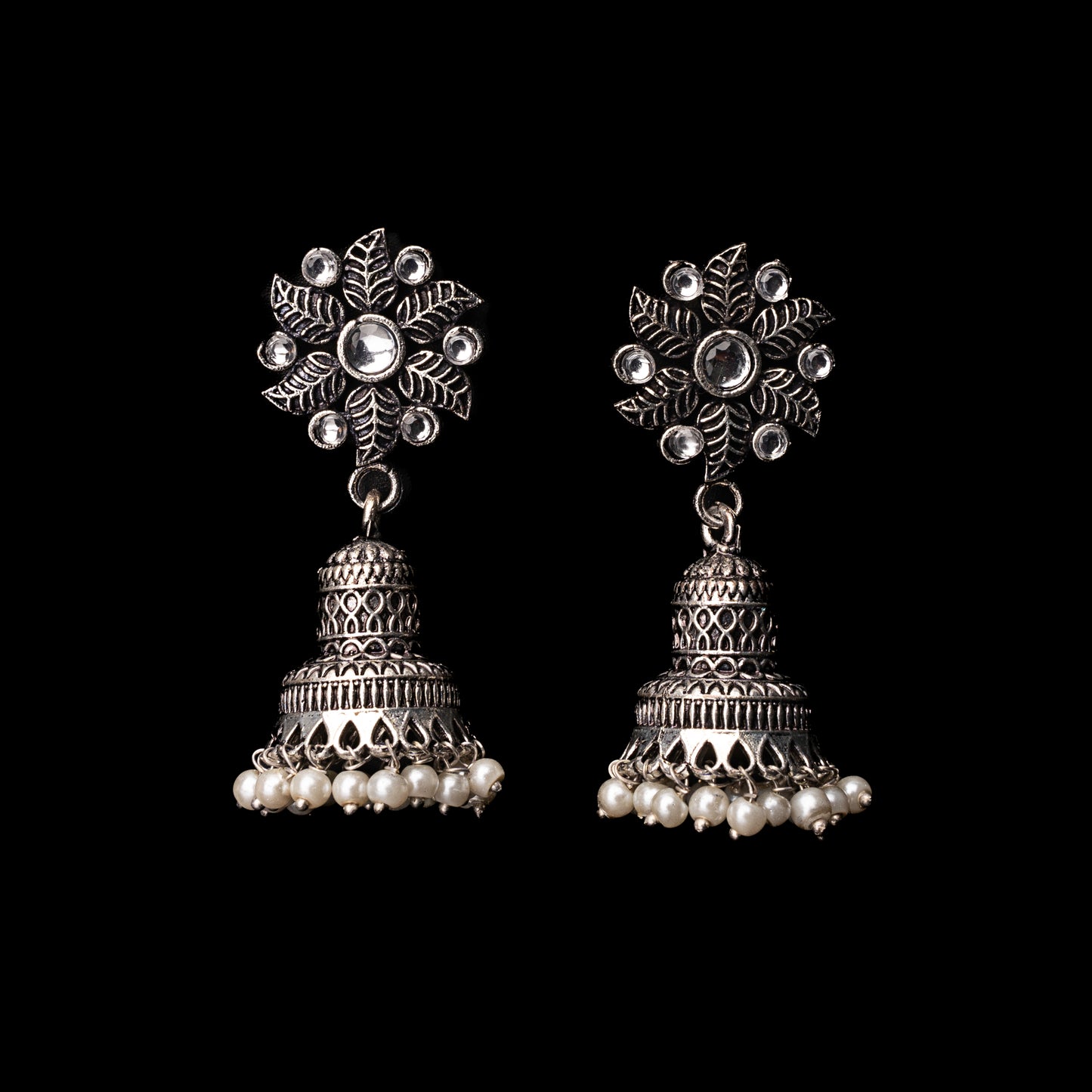 White Stone Studded Oxidised Earrings With Hanging Pearls