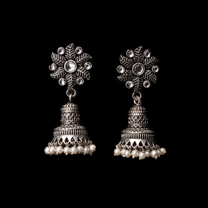 White Stone Studded Oxidised Earrings With Hanging Pearls
