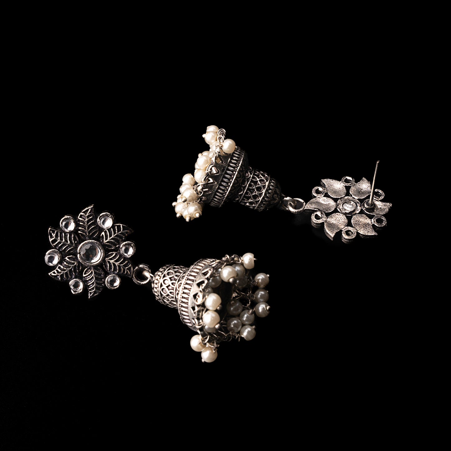 White Stone Studded Oxidised Earrings With Hanging Pearls