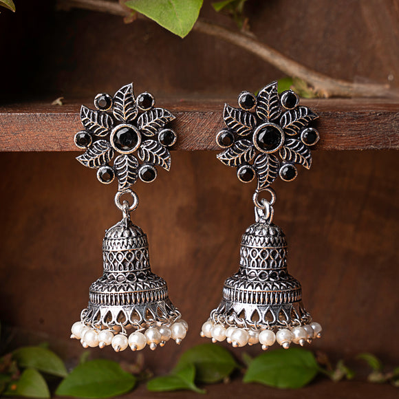 Black Stone Studded Oxidised Earrings With Hanging Pearls