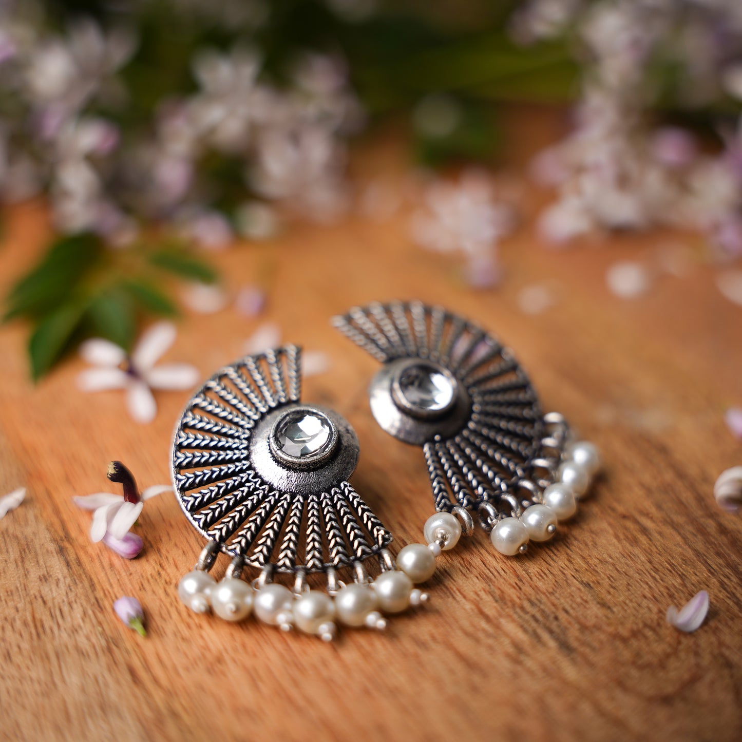 White Stone Studded Oxidised Earrings With Hanging Pearls
