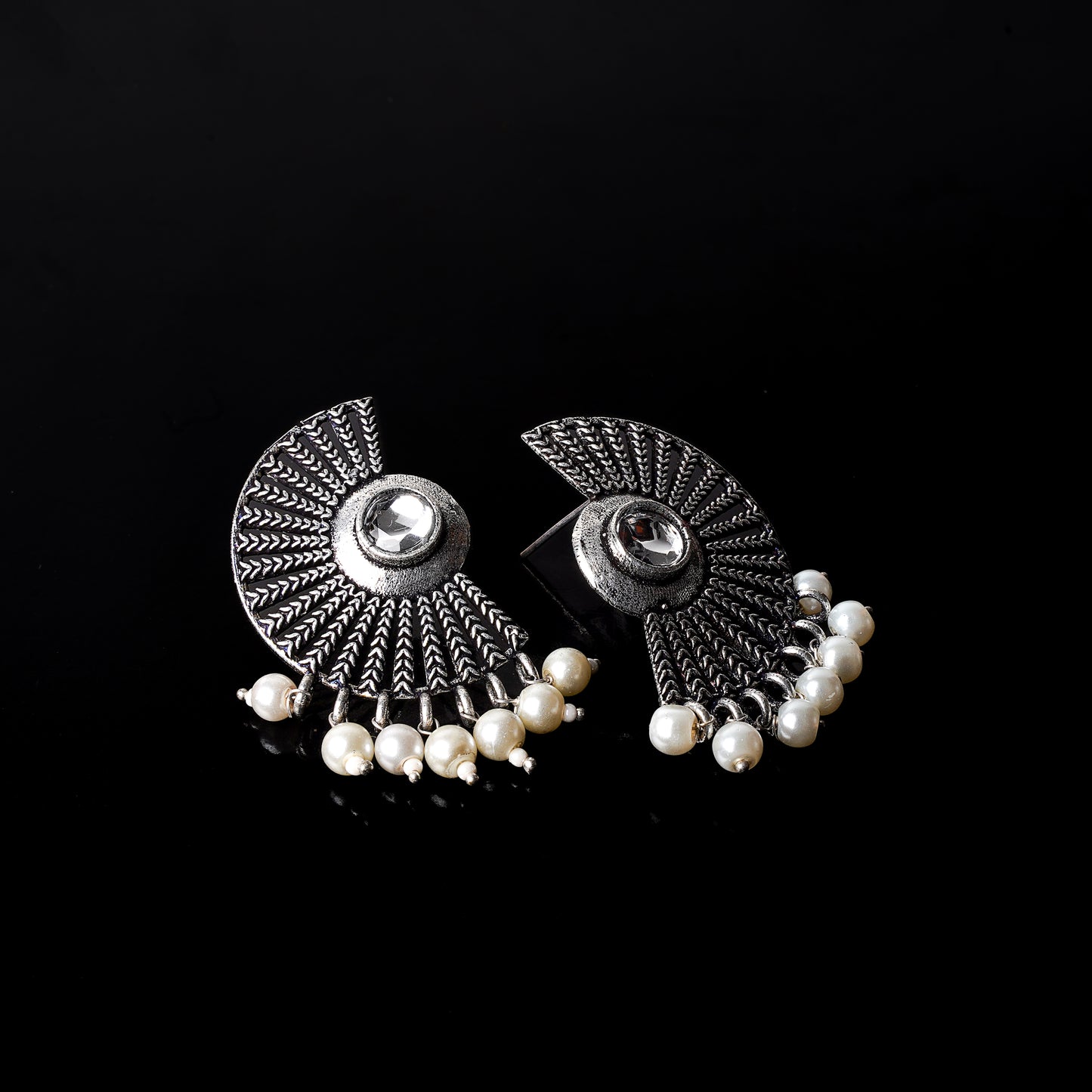 White Stone Studded Oxidised Earrings With Hanging Pearls