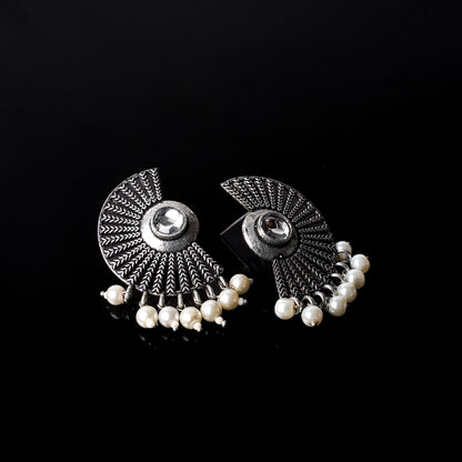 White Stone Studded Oxidised Earrings With Hanging Pearls