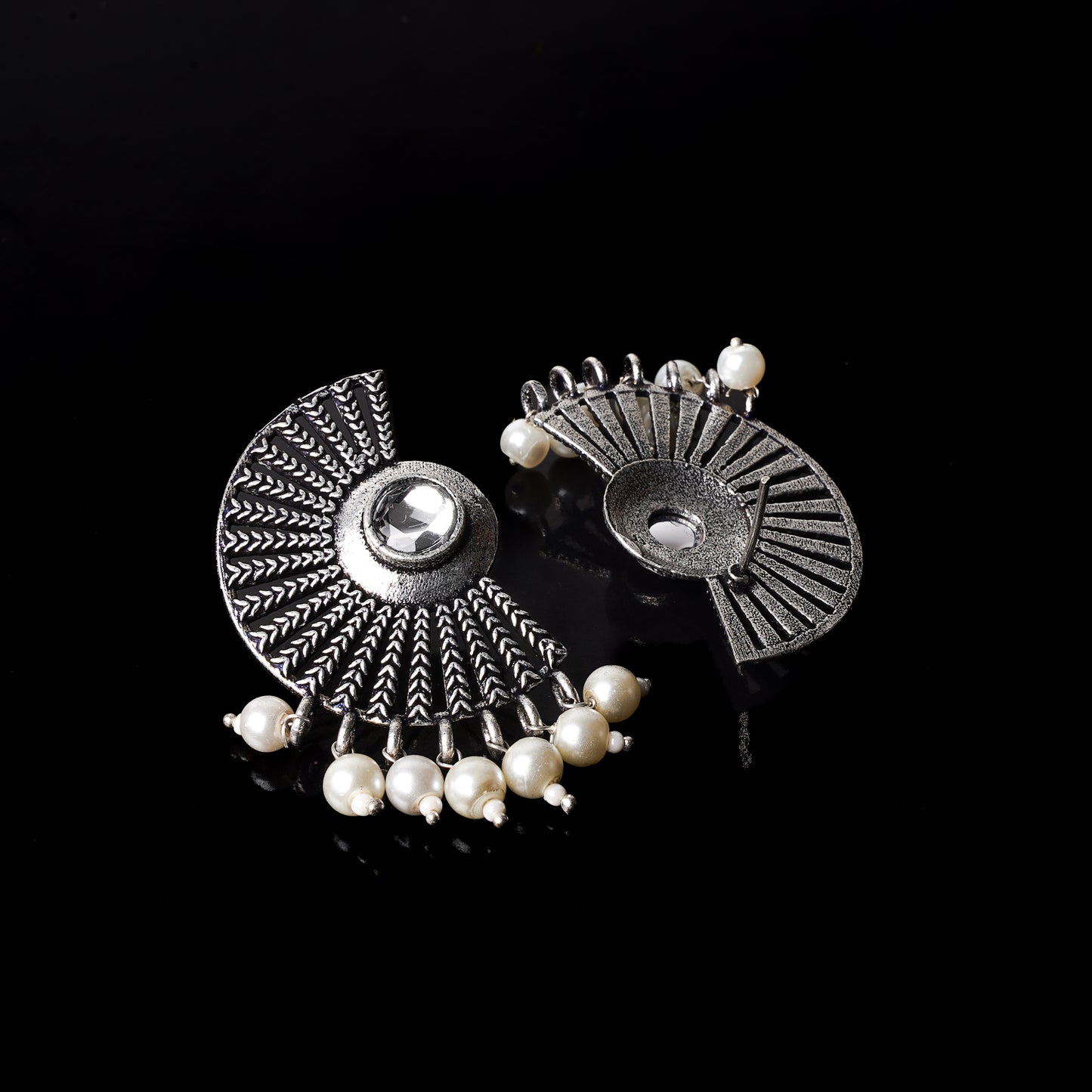 White Stone Studded Oxidised Earrings With Hanging Pearls