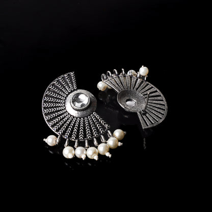 White Stone Studded Oxidised Earrings With Hanging Pearls