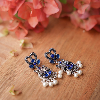 Blue Stone Studded Delicate Oxidised Earrings With Hanging Pearls
