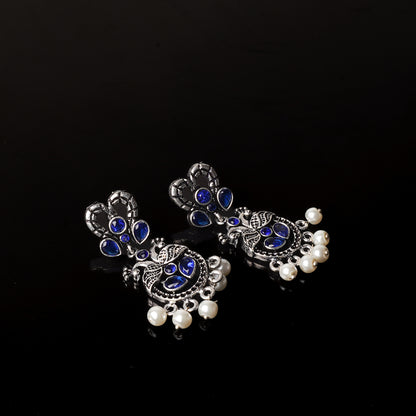 Blue Stone Studded Delicate Oxidised Earrings With Hanging Pearls