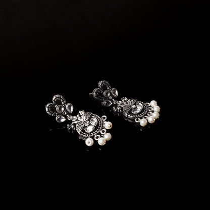 White Stone Studded Delicate Oxidised Earrings With Hanging Pearls