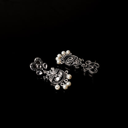 White Stone Studded Delicate Oxidised Earrings With Hanging Pearls