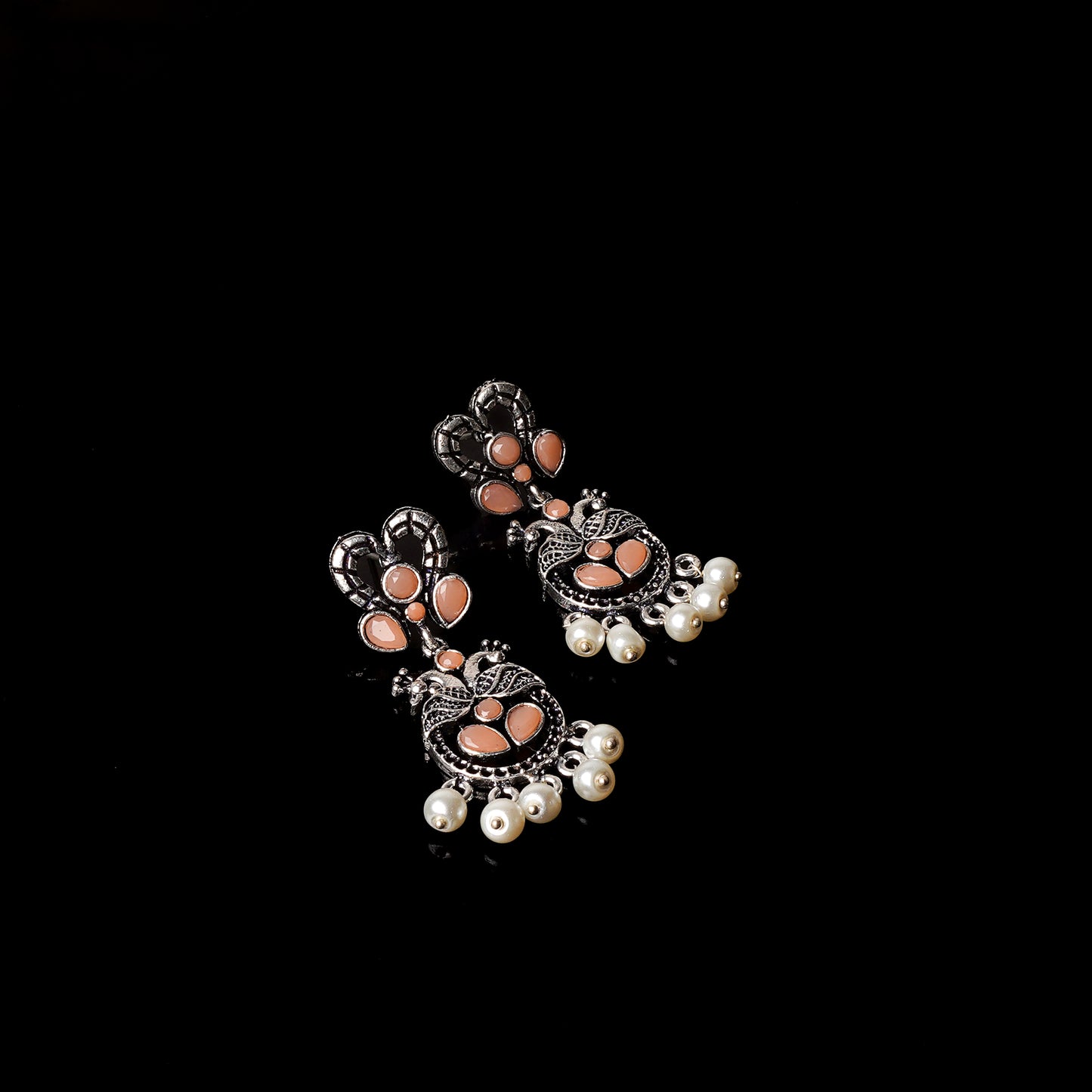 Light Orangish Stone Studded Delicate Oxidised Earrings With Hanging Pearls