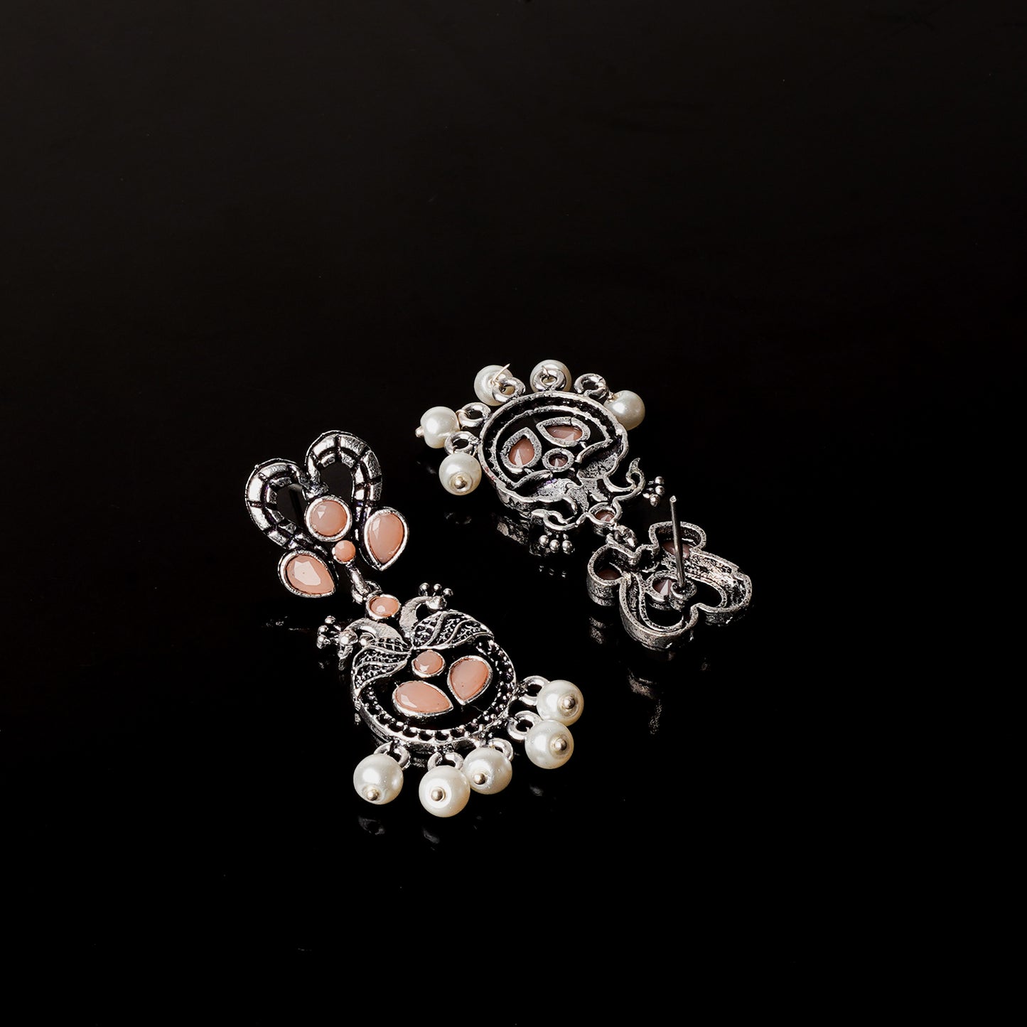Light Orangish Stone Studded Delicate Oxidised Earrings With Hanging Pearls