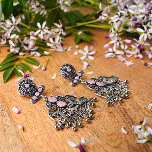 Baby Pink Stone Studded Oxidised Danglers