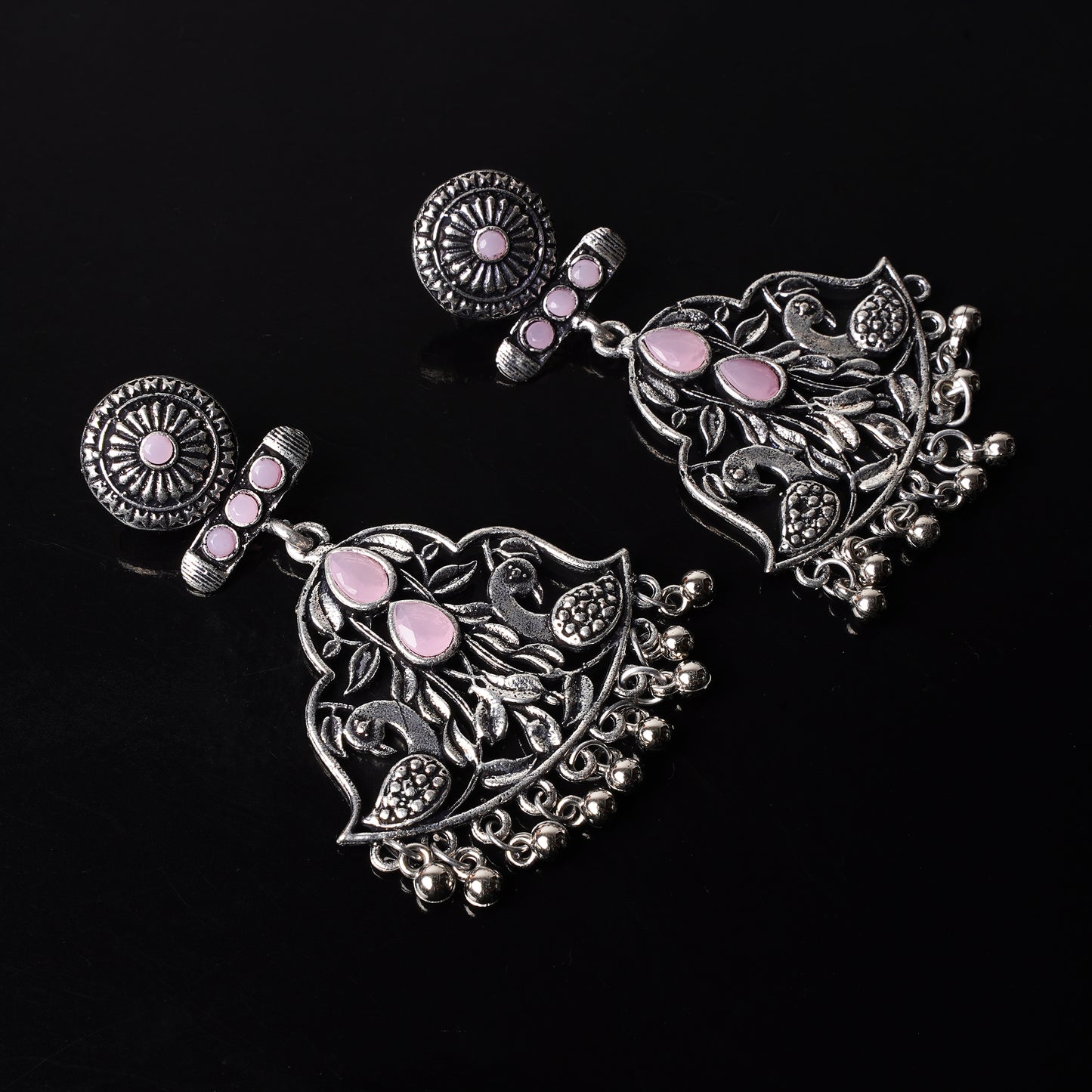 Baby Pink Stone Studded Oxidised Danglers