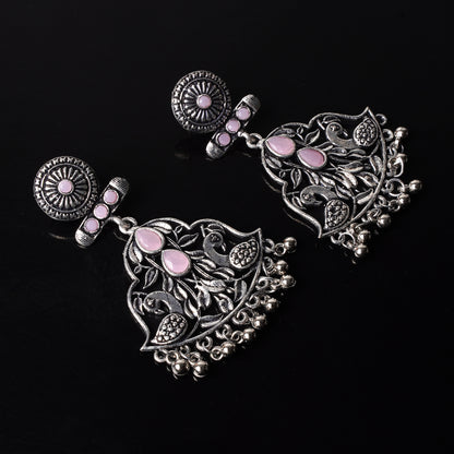 Baby Pink Stone Studded Oxidised Danglers