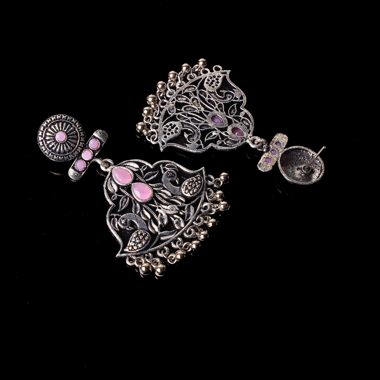 Baby Pink Stone Studded Oxidised Danglers