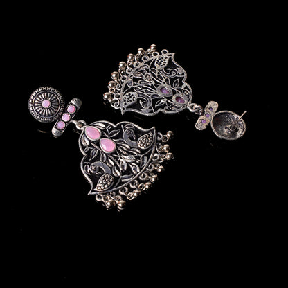 Baby Pink Stone Studded Oxidised Danglers