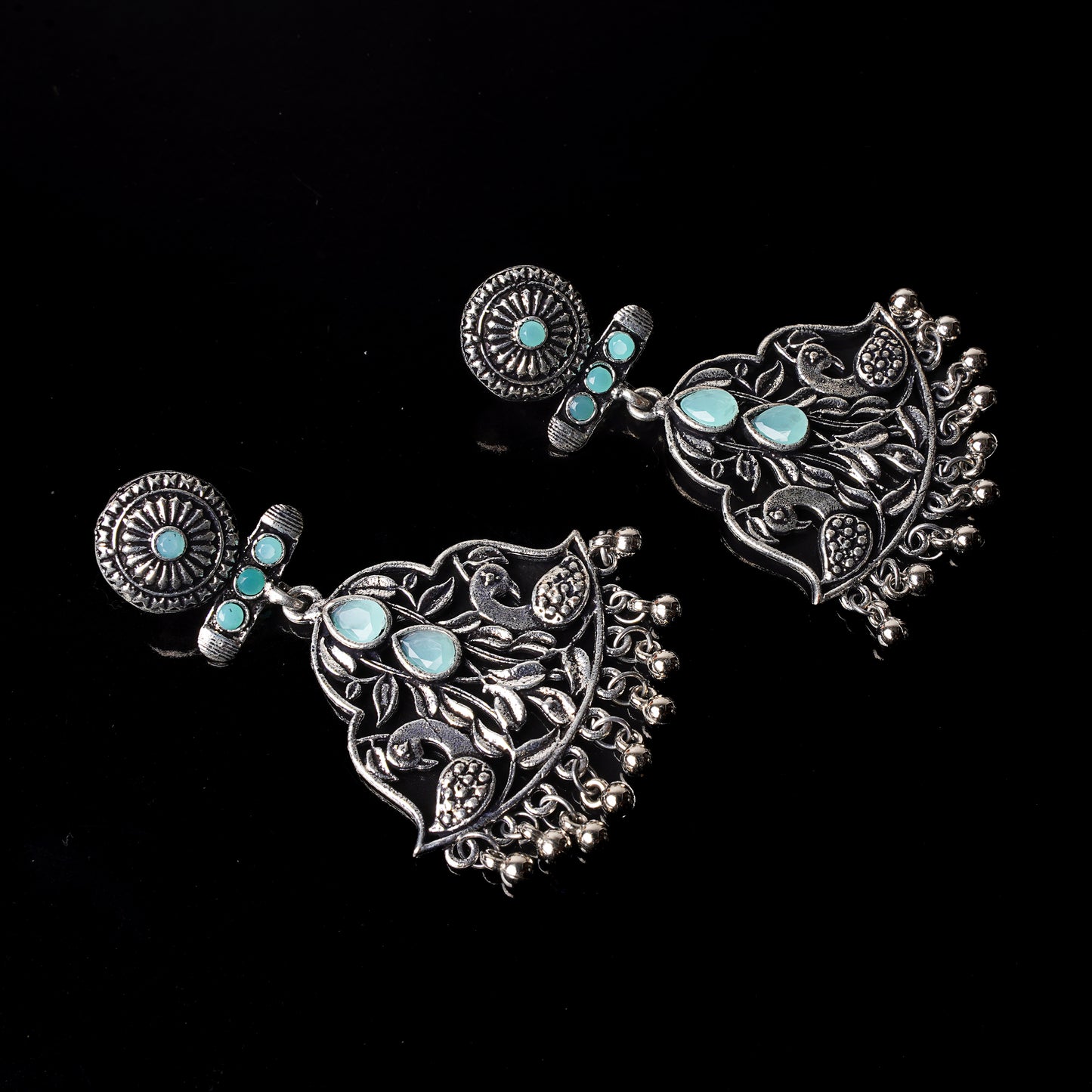 Mint Stone Studded Oxidised Danglers