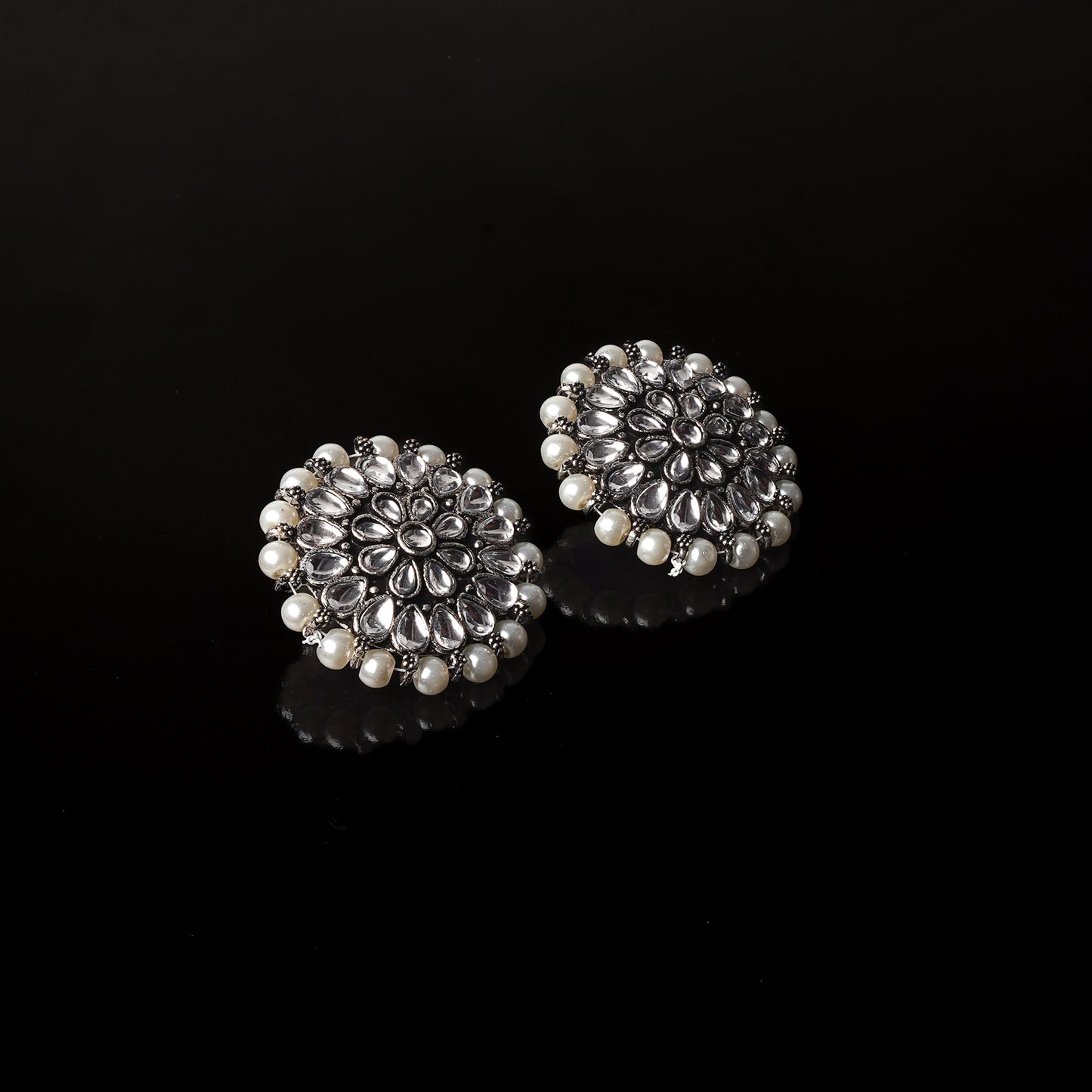 White Stone Studded Round Oxidised Studs With Embellished Pearls