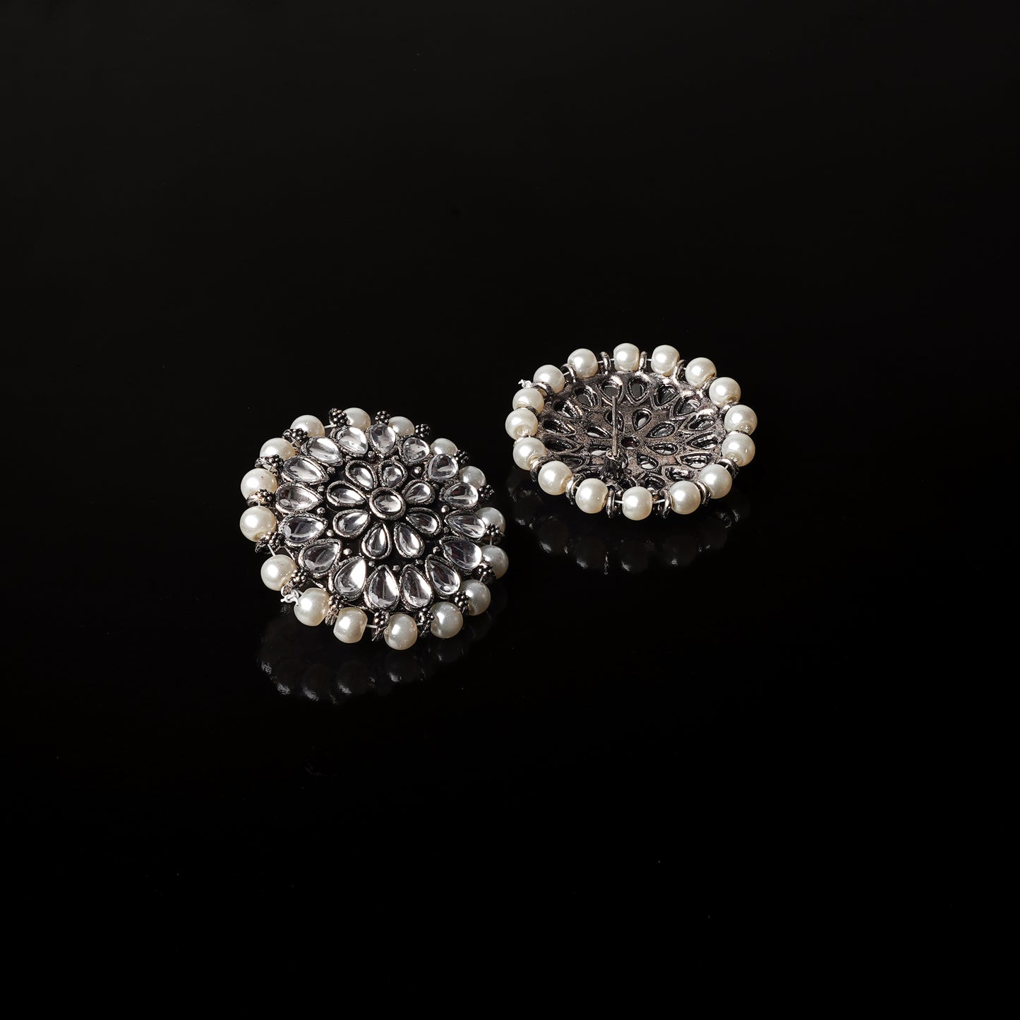 White Stone Studded Round Oxidised Studs With Embellished Pearls