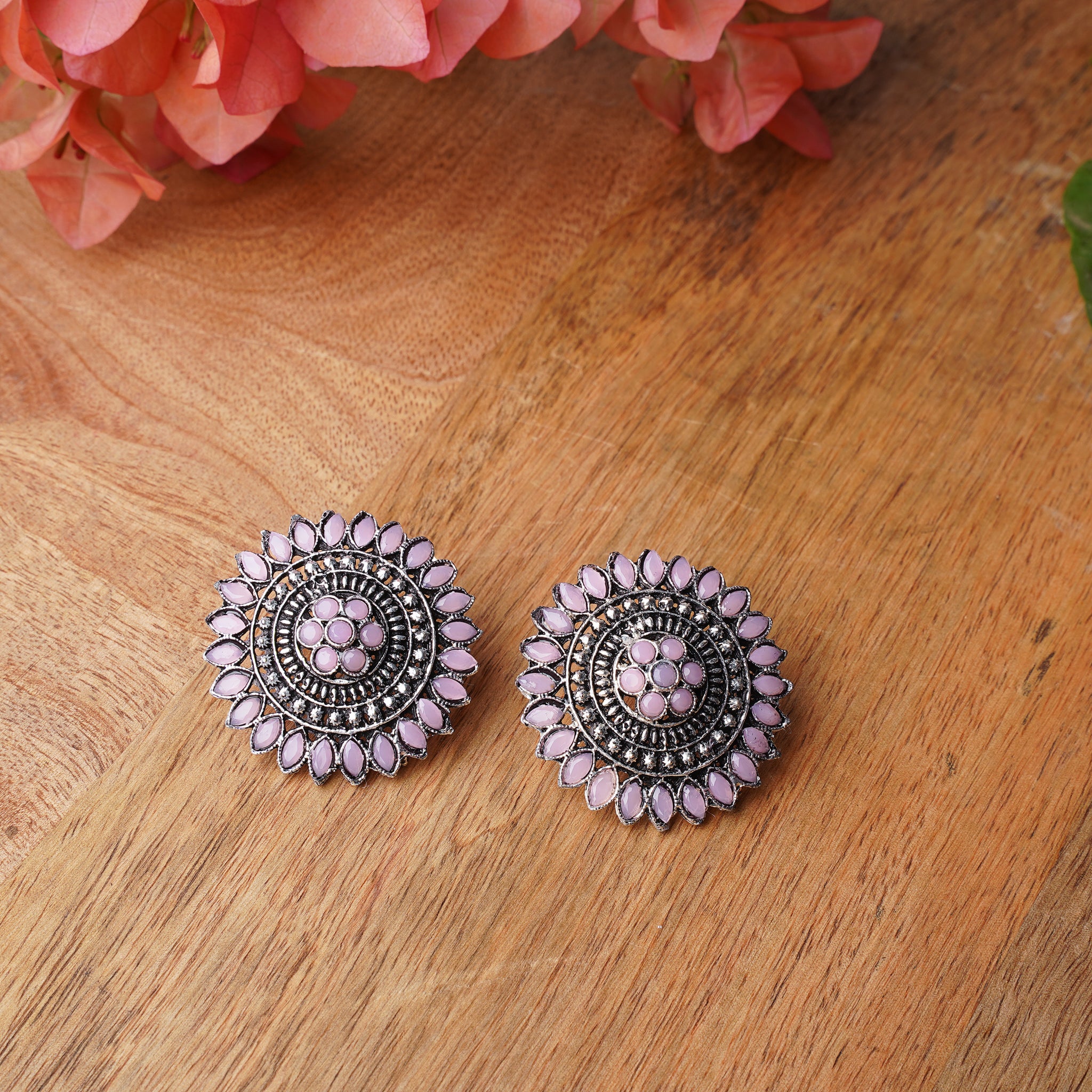 Baby Pink Stone Studded Intricate Oxidised Stud Earrings – StylishKudi