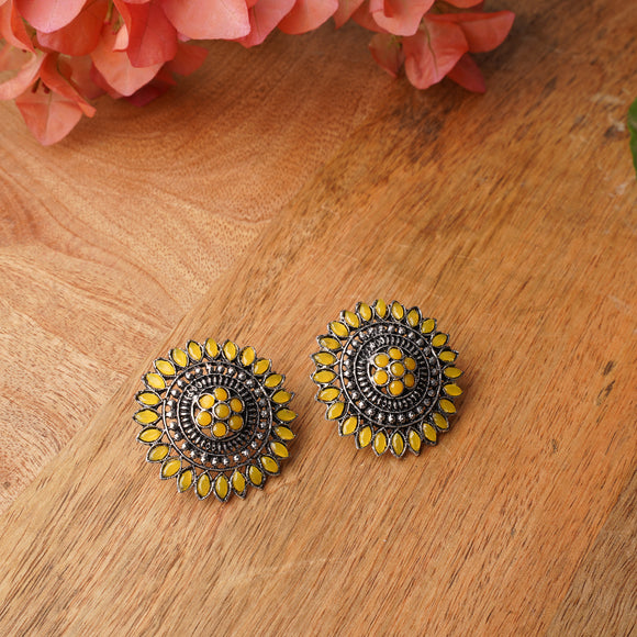 Yellow Stone Studded Intricate Oxidised Stud Earrings