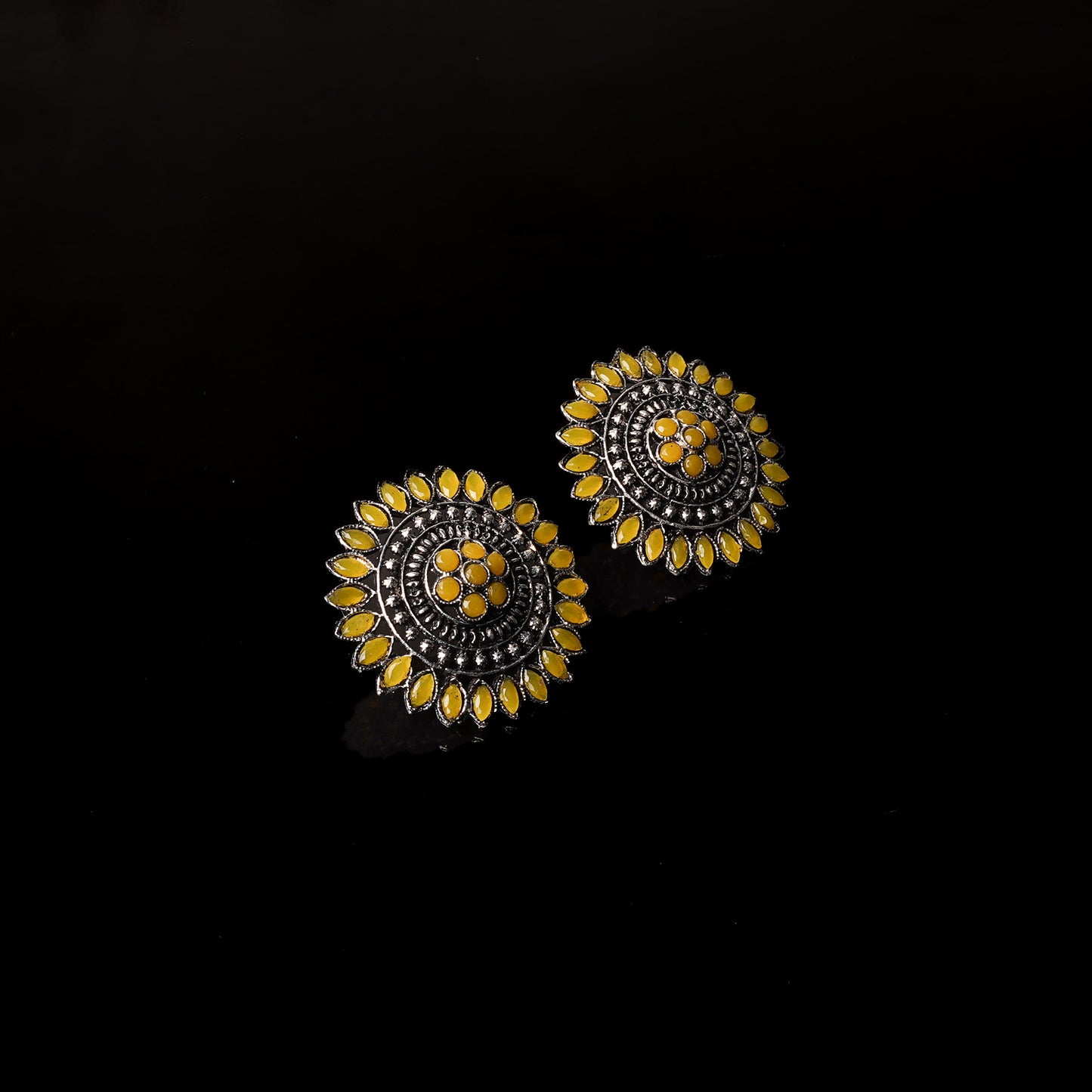 Yellow Stone Studded Intricate Oxidised Stud Earrings