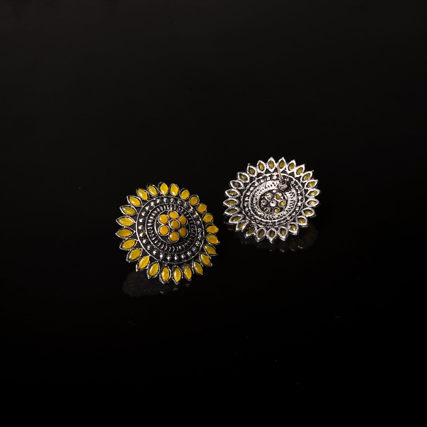 Yellow Stone Studded Intricate Oxidised Stud Earrings