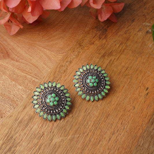 Pista Stone Studded Intricate Oxidised Stud Earrings