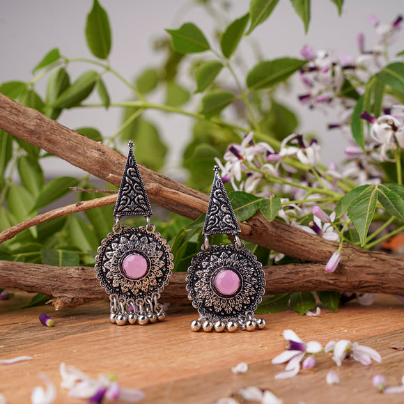 Baby Pink Stone Studded Oxidised Earrings