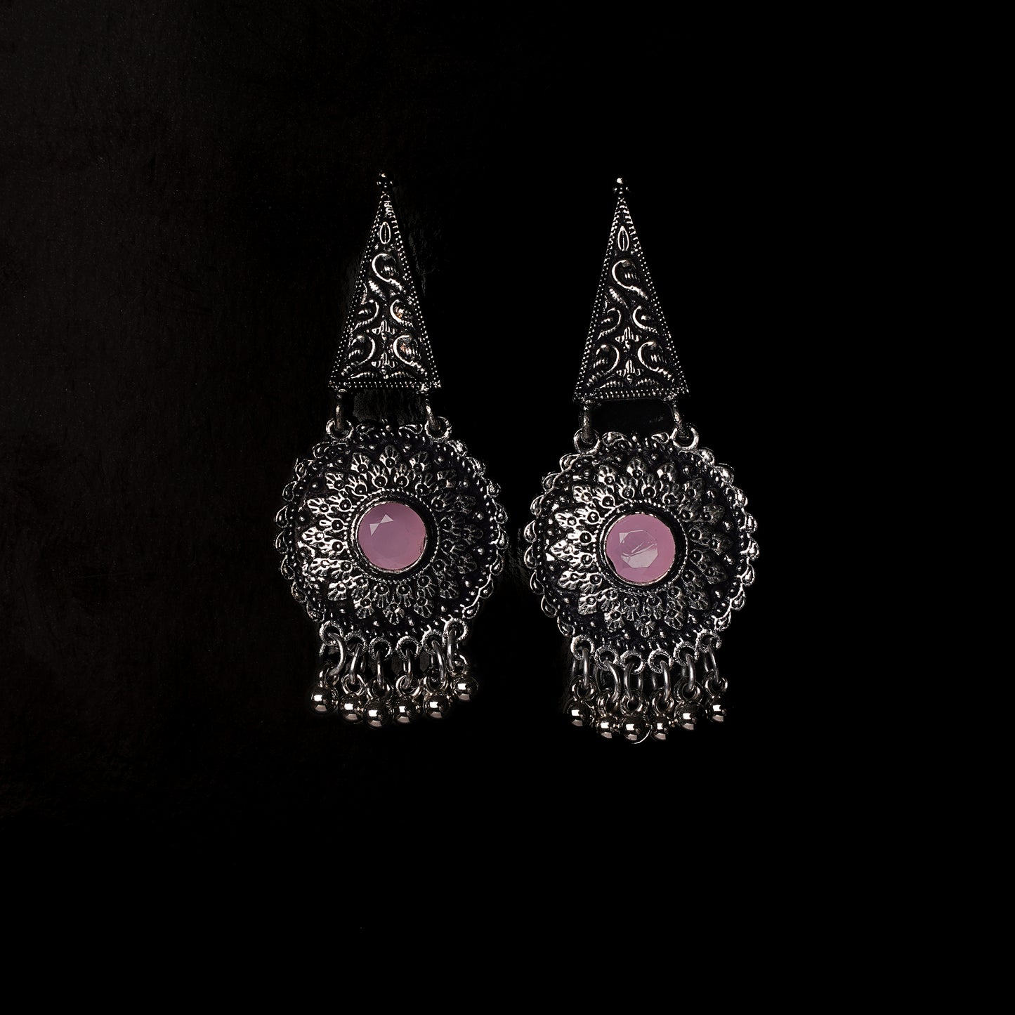 Baby Pink Stone Studded Oxidised Earrings
