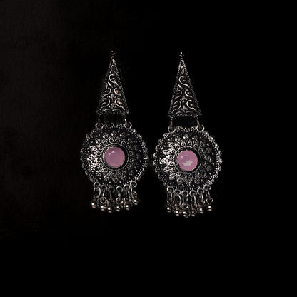 Baby Pink Stone Studded Oxidised Earrings