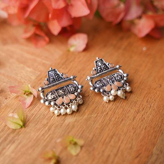 Light Orangish Stone Studded Oxidised Earrings With Hanging Pearl