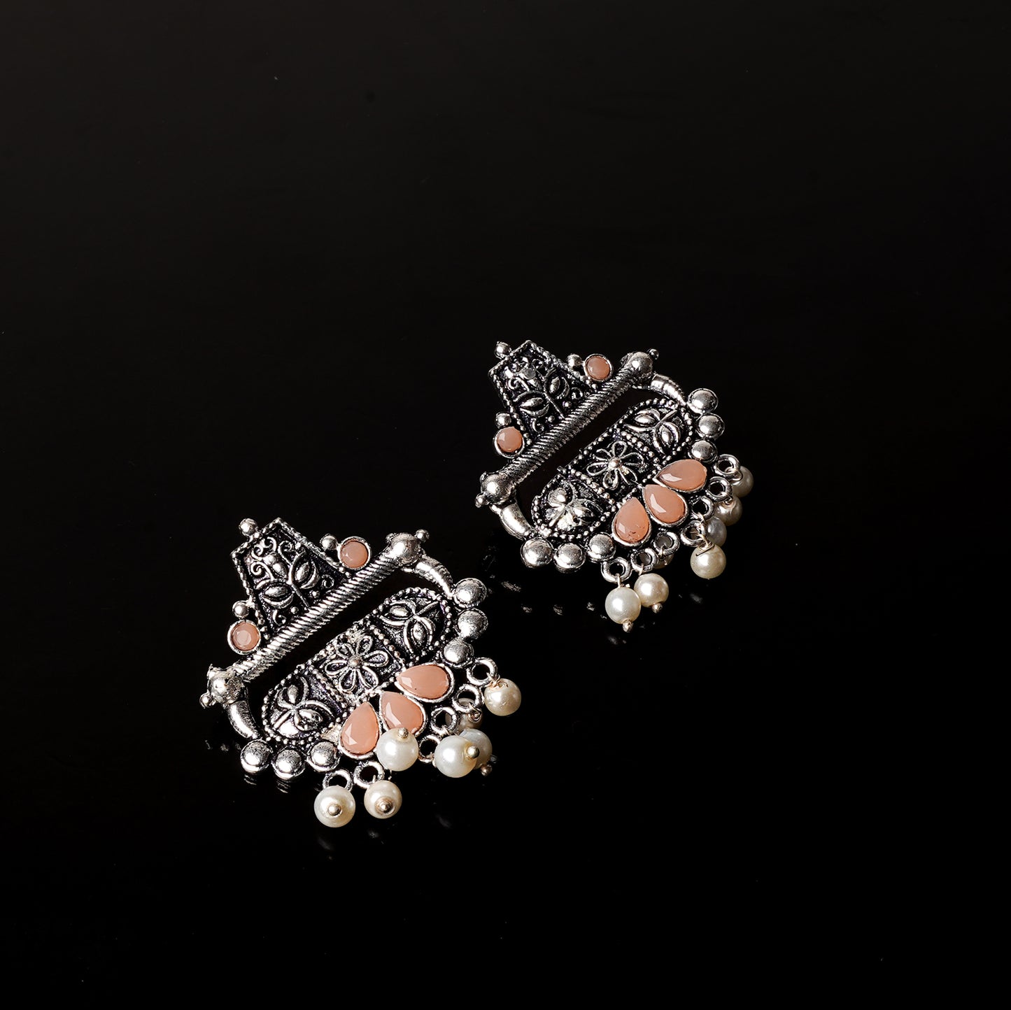 Light Orangish Stone Studded Oxidised Earrings With Hanging Pearl