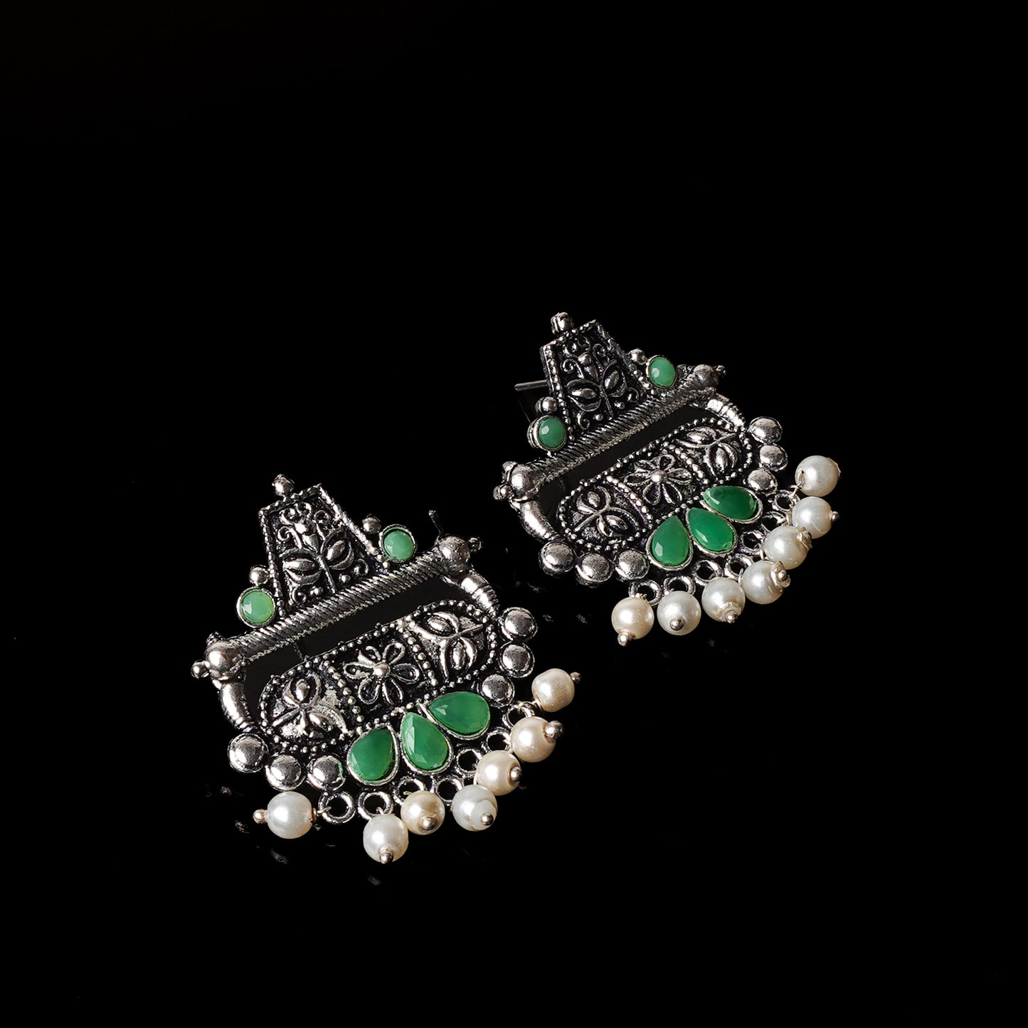 Pista Stone Studded Oxidised Earrings With Hanging Pearl