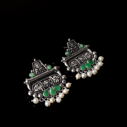 Pista Stone Studded Oxidised Earrings With Hanging Pearl