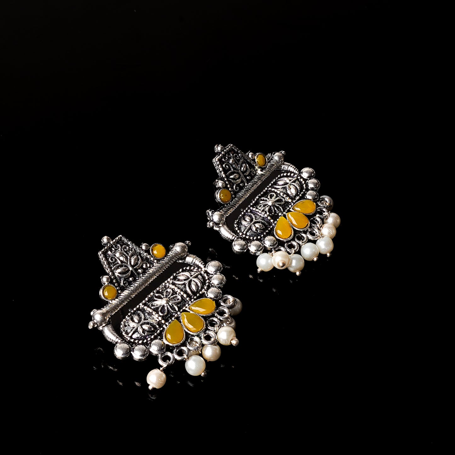 Yellow Stone Studded Oxidised Earrings With Hanging Pearl