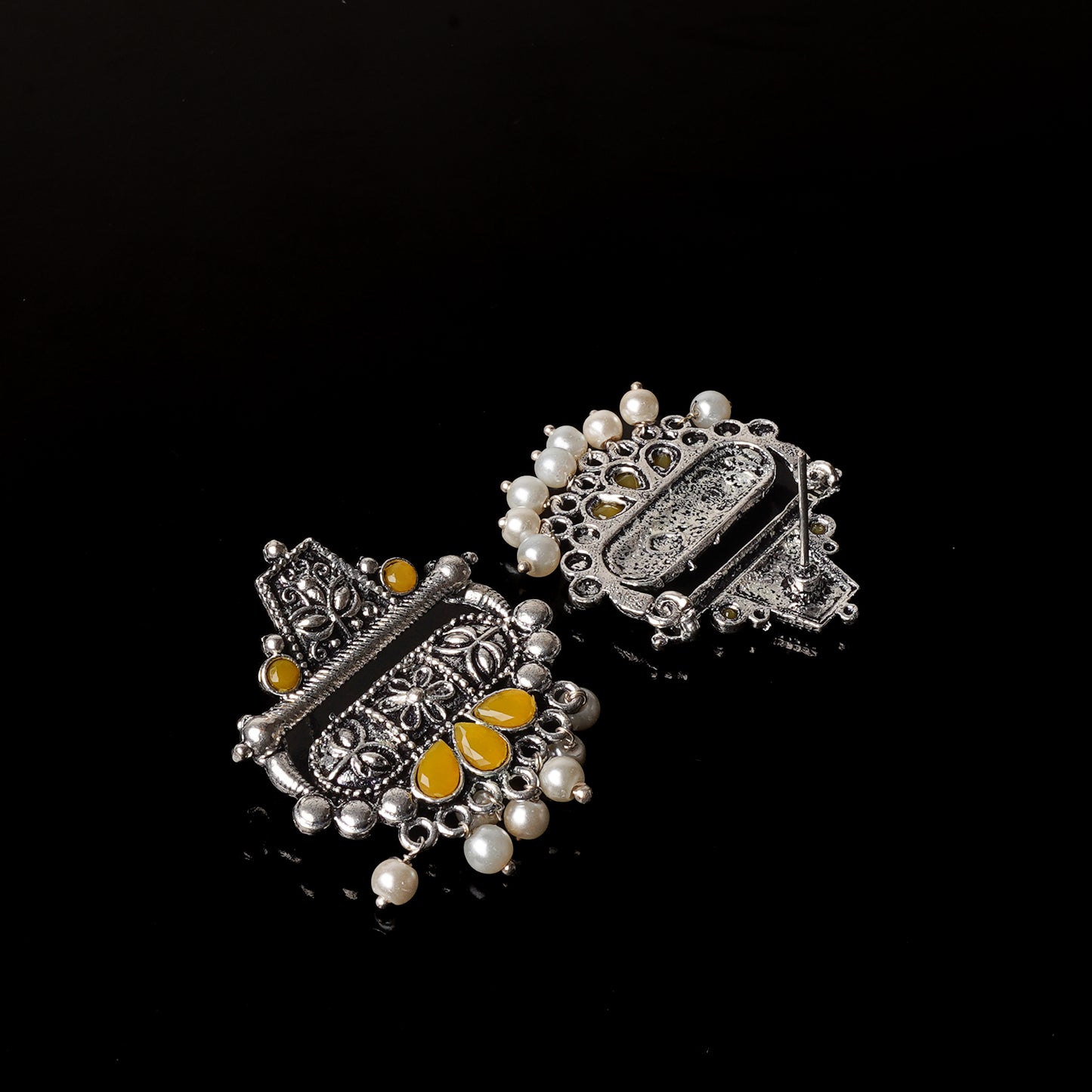 Yellow Stone Studded Oxidised Earrings With Hanging Pearl