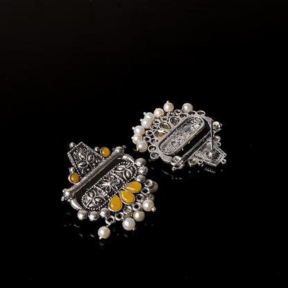 Yellow Stone Studded Oxidised Earrings With Hanging Pearl