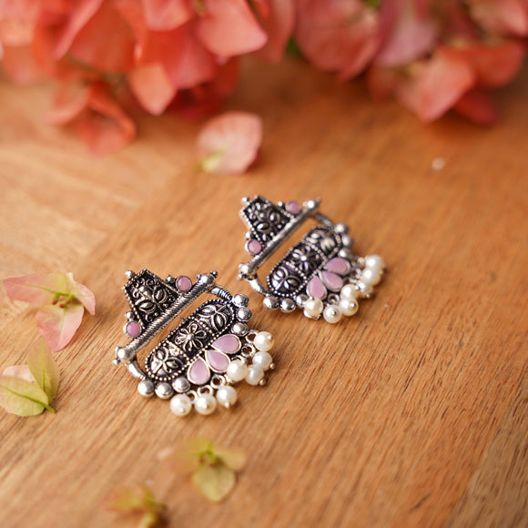 Baby Pink Stone Studded Oxidised Earrings With Hanging Pearl
