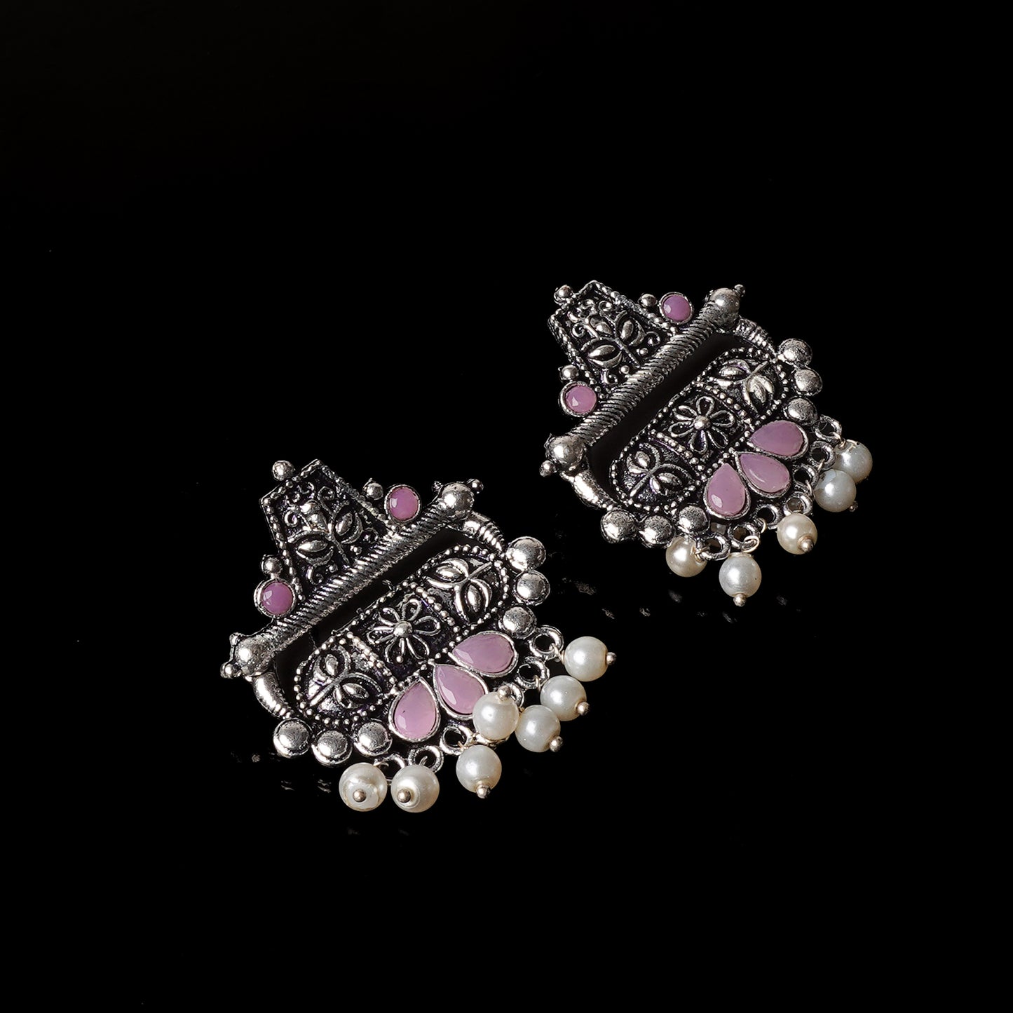 Baby Pink Stone Studded Oxidised Earrings With Hanging Pearl