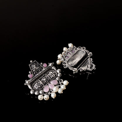 Baby Pink Stone Studded Oxidised Earrings With Hanging Pearl