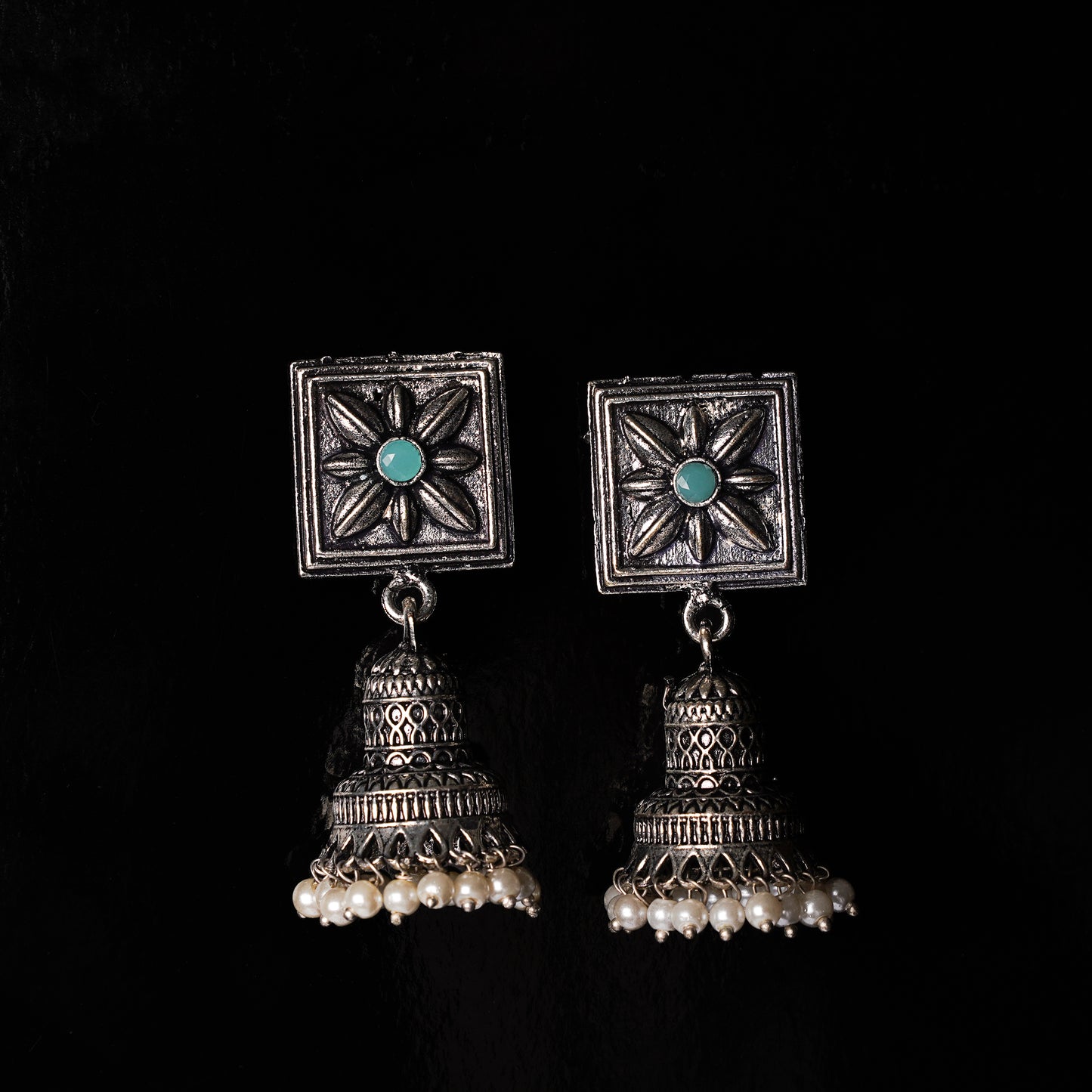 Mint Stone Studded Oxidised Earrings With Hanging Pearls